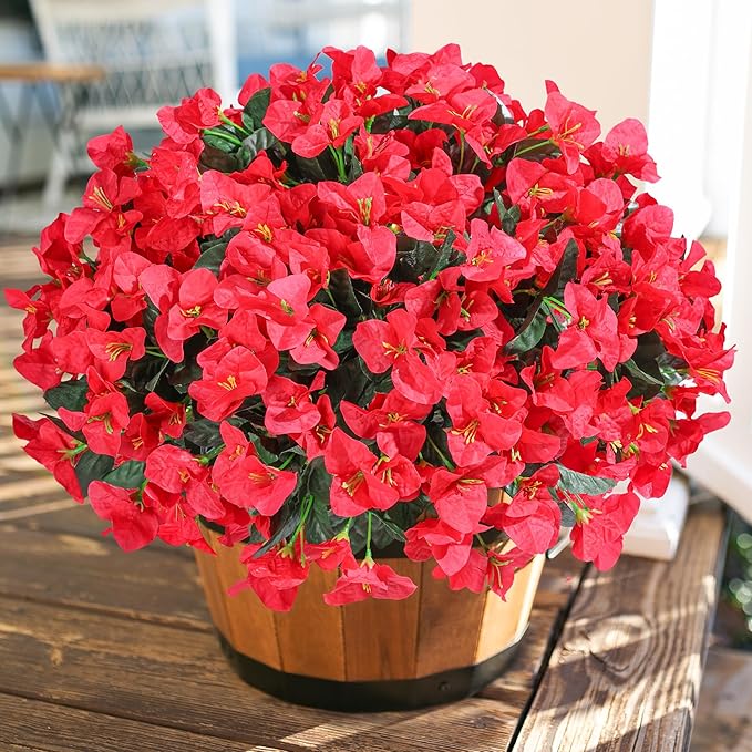 Bougainvillea Artificial Flowers for Outdoors Faux Plants Spring Summer Decor, 4 Bundles Red UV Resistant Fake Outdoor Flowers Silk Flowers for Outside Realistic for Planters Patio Porch Garden Home