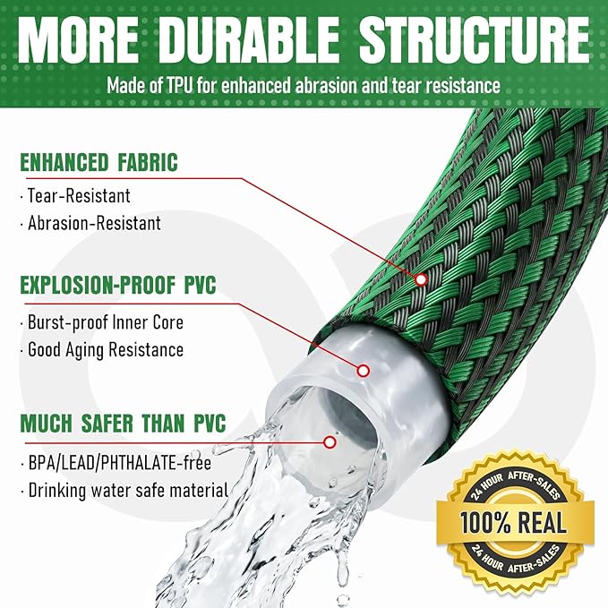 Garden Hose 100 ft NON-EXPANDABLE Water Hose, Flexible & Lightweight Kink Resistant Hybrid Hose, Leak-Proof Heavy Duty, Super Durable Fabric with 3/4" Solid Brass Connectors