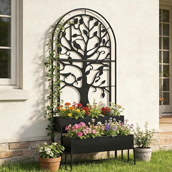 Arched Outdoor Planter Box with Trellis for Climbing Plants, 2 Tiers Metal Privacy Planters for Patio, Tall Raised Garden Bed with Legs, for Vegetables, Fruits, Balcony, 75.2 x 22 x 34.6 Inch, Black