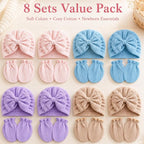 8 Sets Newborn Baby Girl Hats & Mittens, Cotton Preemie Hospital Bow Cap, No Scratch Gloves,Infant Beanies 0-3 Months