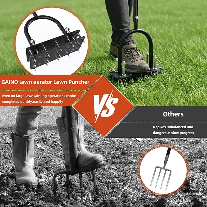 GAINO Manual Lawn Aerator Tool with 15 Spikes, 32"-35" Adjustable T-Handle Aerator for Lawn, Automatic Dirt Ejection Design, Heavy Duty Yard Grass Aerator for Soil Compaction，Black