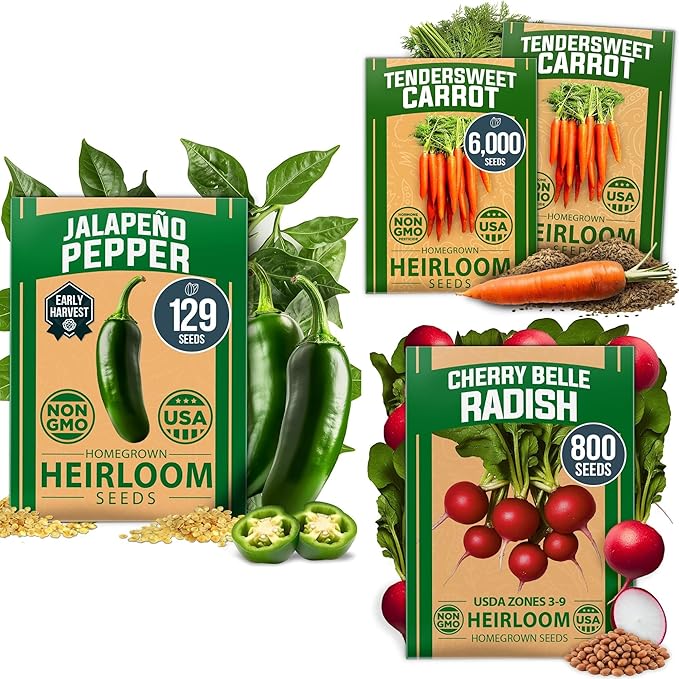 HOME GROWN Root Vegetable & Pepper Seed Kit – 6,929+ Non-GMO USA Seeds – Includes Tendersweet Carrot (6,000), Cherry Belle Radish (800) & Jalapeno Pepper (129) – Heirloom, High Germination