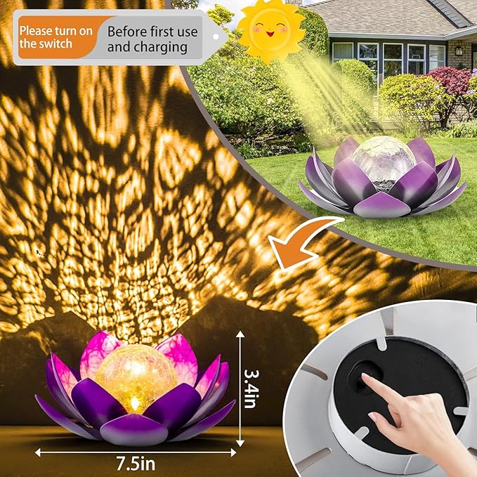 AIINY Solar Light Outdoor(2Pack), Art Crackle Globe Glass Lotus Decoration, Solar LED Waterproof Purple Metal Flower Lights for Patio,Lawn,Walkway,Tabletop