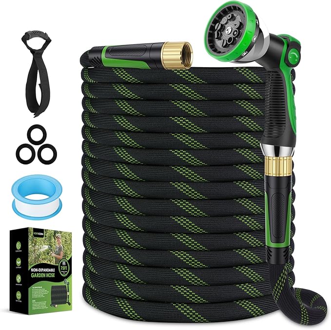 Non-Expanding Garden Hose 75 ft, Lightweight Hose & Flexible Water Hose With 10-Pattern Spray Nozzle, Kink-Free Design, Durable Leakproof Yard Outdoor Hose, Portable Storage Strap, 75 Feet