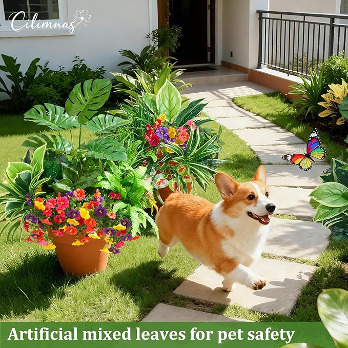 Artificial Plants Outdoor,30PCS UV Resistant Fake Greenery&Flowers with Stems Faux Plant Outside for Front Proch Garden Patio Planters Window Boxes Home Decor(Not Included Planter)