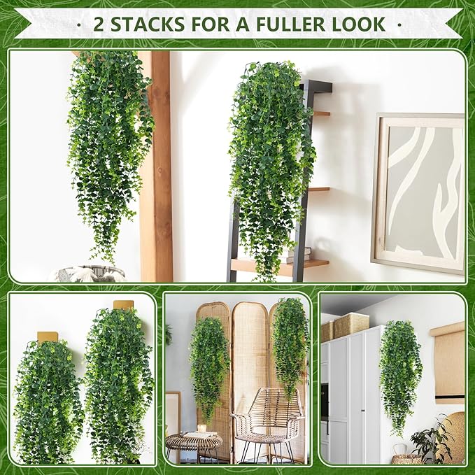 2-Pack Fake Hanging Plants, Faux Hanging Plant Artificial Greenery for Living Room Bedroom Boho Wall Shelf Indoor Outdoor Decor (Green Eucalyptus)