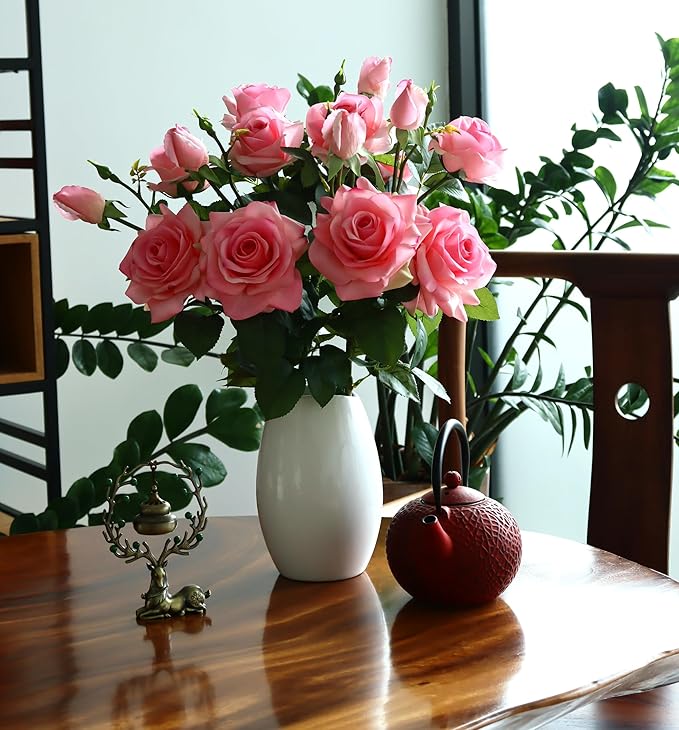 Pink Roses Artificial Flowers Indoor,Realistic Fake Flowers 5 Bouquets (15 Heads) for Living Room Decor,Real Touch Fake Plants for Bathroom Kitchen Office Wedding Table Shower Decor (No Vase)