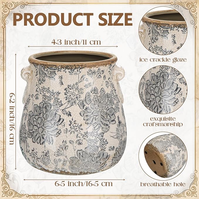 Ceramic Scroll Planter 6.5 Inch Chinoiserie Floral Vase with Drainage Holes Vintage Flower Vase Flower Pot Rustic Ceramic Pots for Indoor Plants Garden Home Bookshelf Decor(Gray)