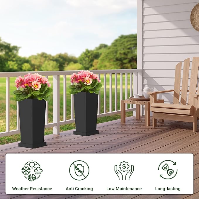 Metal Tall Planters 20 inch Set of 2, Durable Taper Planter with Drainage Holes & Rust-Proof Coating & Trays for Outdoor Indoor Garden Patio Front Door (Black)
