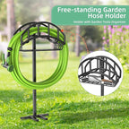 Garden Hose Holder - Upgraded Metal Reel With Tool Storage Basket, Heavy Duty Freestanding Water Hose Holder Holds 150ft, Detachable Storage Hanger for Outside