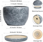 SQOWL 8 inch Plant pots Indoor - Ceramic Planter with Drainage Hole and Plant Saucer, Decorative Ceramic Flower Pot Outdoor, Modern Round Planter, Patio Porch Garden Decor, Garden Gifts, Gray