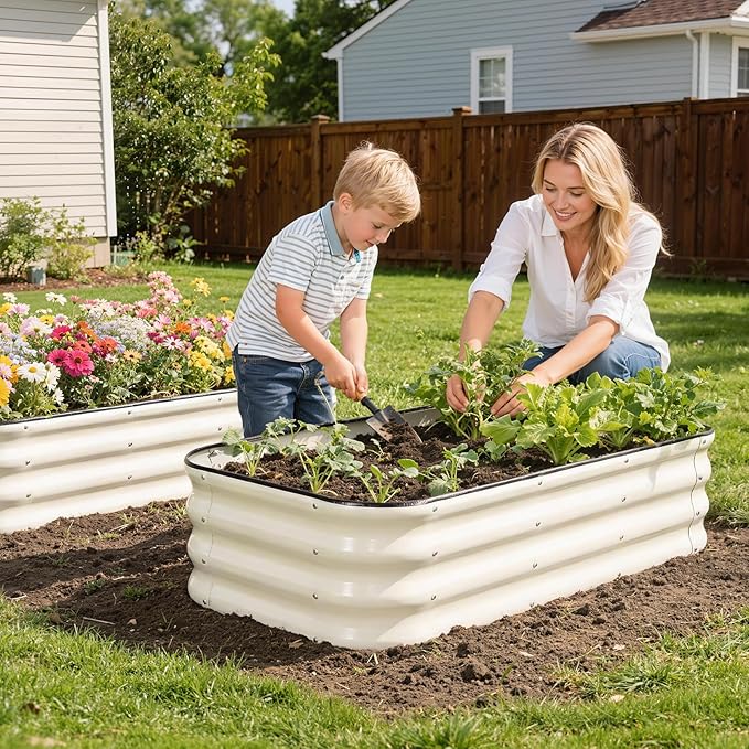 1MORE Raised Garden Bed -4X2X1 Galvanized Planter Box for Outdoor Gardening,3 in 1 Modular Raised Bed Kit with Protective Tape, Gloves for Herb，Ideal for Vegetables and Plants.White-1Pack