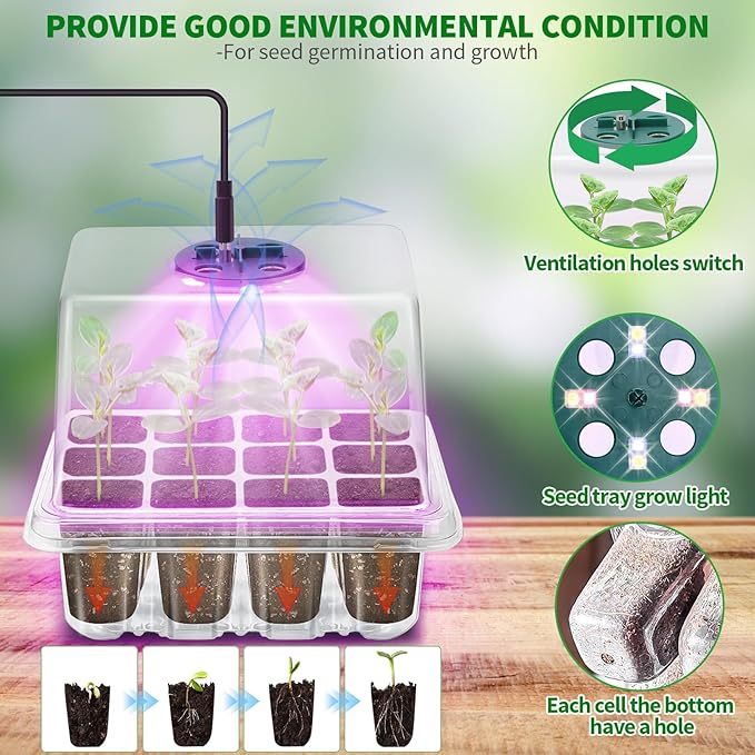 Qoolife Seed Starter Tray with Plant Light, 2 Pack Grow Lights for Seed Starting Kit with Humidity Domes, Timing Controller Adjustable Brightness for Greenhouse Propagator Station Growing Transparent