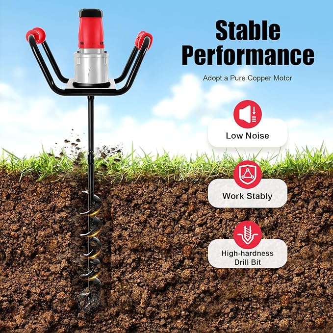 1500W Electric Post Hole Digger with 4-inch Auger Bit & 11.81inch Extension Rod, 1.6HP Pure Copper Motor Earth Auger Fence Post Digger for Post Holes Earth Digger Planting, 190-200 RPM