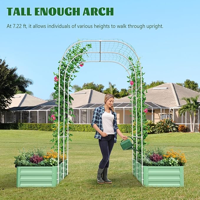 3 in 1 Galvanized Raised Garden Bed with 87" H Arch Trellis for Climbing Plants, Outdoor Gardening Planter Box with Climbing Net for Flower Vegetables Fruits Herbs, Green