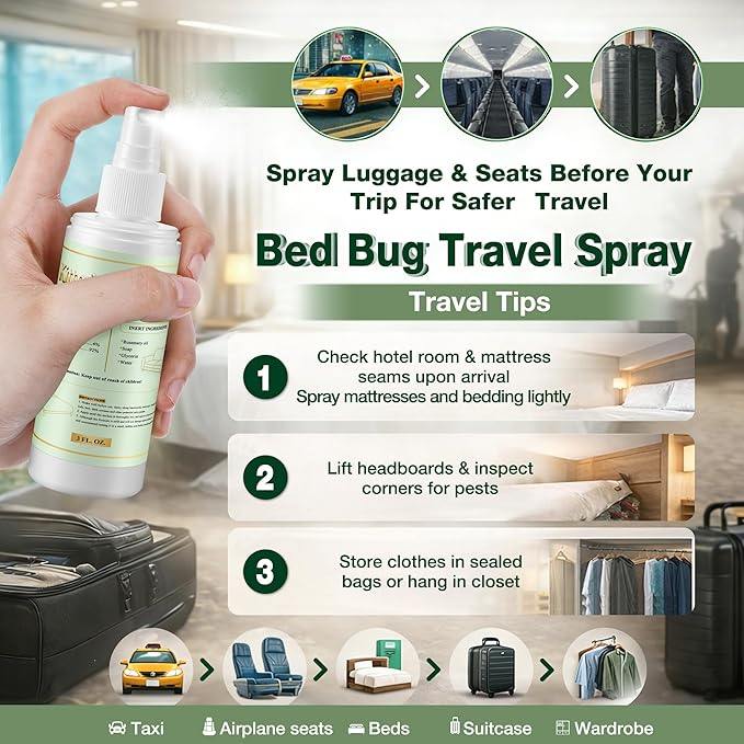 Bed Bug Spray Natural Travel Spray Child & Pet Safe - Plant Based Bed Bugs, Lice, Mite Treatment, Stain & Odor Free Control, Compact Travel Size for Hotels, Suitcase, Backpack, Shoes, 3oz, 1 Pack