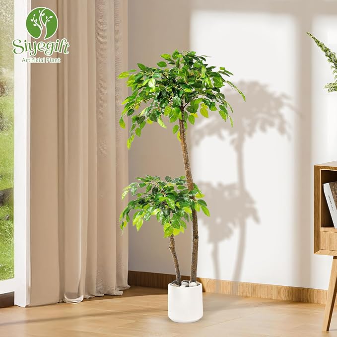 4FT Artificial Ficus Tree with White Planter and Pebbles,Faux Silk Tree with Lifelike Leaves and Realistic Trunk,Tall Fake Potted Plant for Home and Office Décor Indoor and Outdoor (4FT)