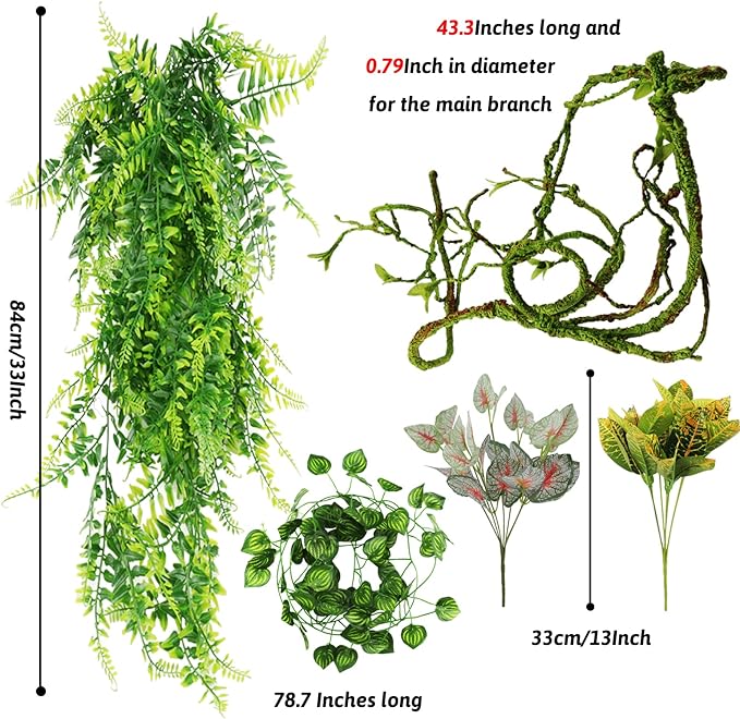 Reptile Plants, Terrarium Hanging Plant Vines Artificial Leaves Reptile Hide, Leopard Gecko Tank Accessories, Terrarium Decorations for Bearded Dragon Lizard Snake Geckos Chameleon