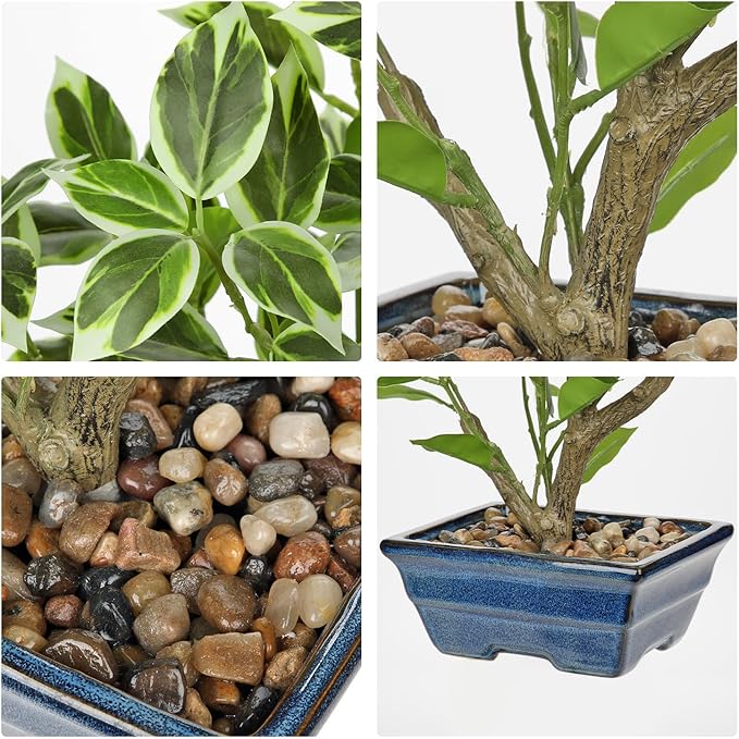 Fake Plants Small Artificial Plants Indoor 15.3" Fake Potted Plants Realistic Faux House Topiary Plants with Blue Ceramic Pot for Home Office Bathroom Kitchen Farmhouse Table Centerpieces Shelf Decor
