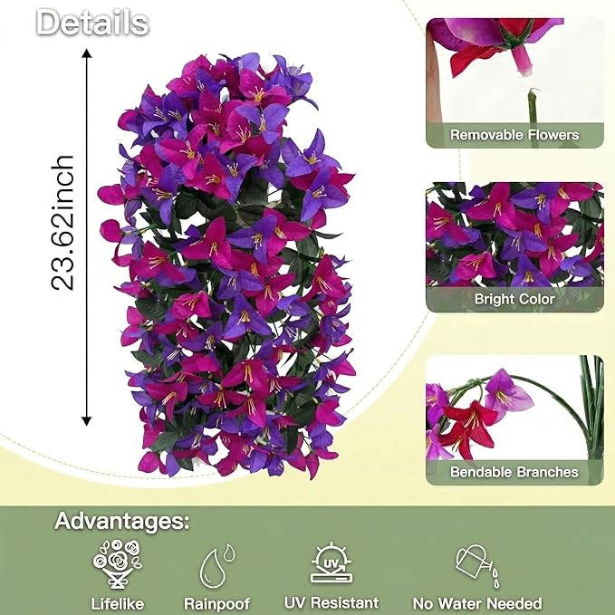 Artificial Flowers for Outdoors Fake Purple Fuchsia Bougainvillea Hanging Flower Decoration, 2Pcs Realistic Faux Silk Plants Long Trailing Vines, Spring Decor for Porch Patio Balcony Planter Yard