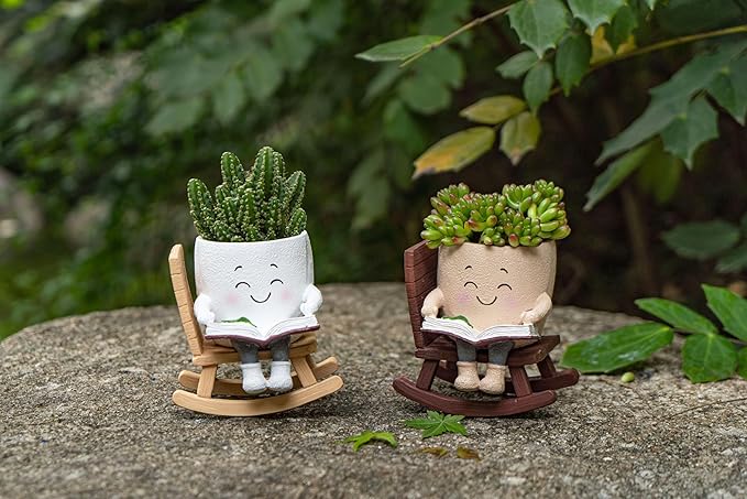 Rocking Chair Smiley Face Planter with Drainage Hole, Cute Plant Pots for Indoor Outdoor Plants,Unique Flower Pot for Succulents, Gift for Mother's Day, Birthday, Christmas