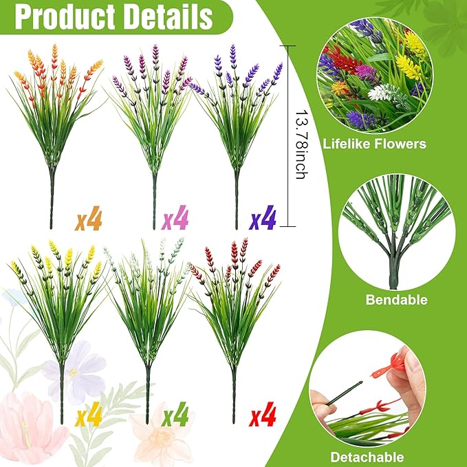 Roberly 24 Bundles Artificial Plants Outdoor, Fake Lavender Flowers UV Resistant Faux Shrubs Plastic Flowers Fake Greenery Plants for Porch Garden Window Box Home Indoor Outdoor Decorations, Mixed