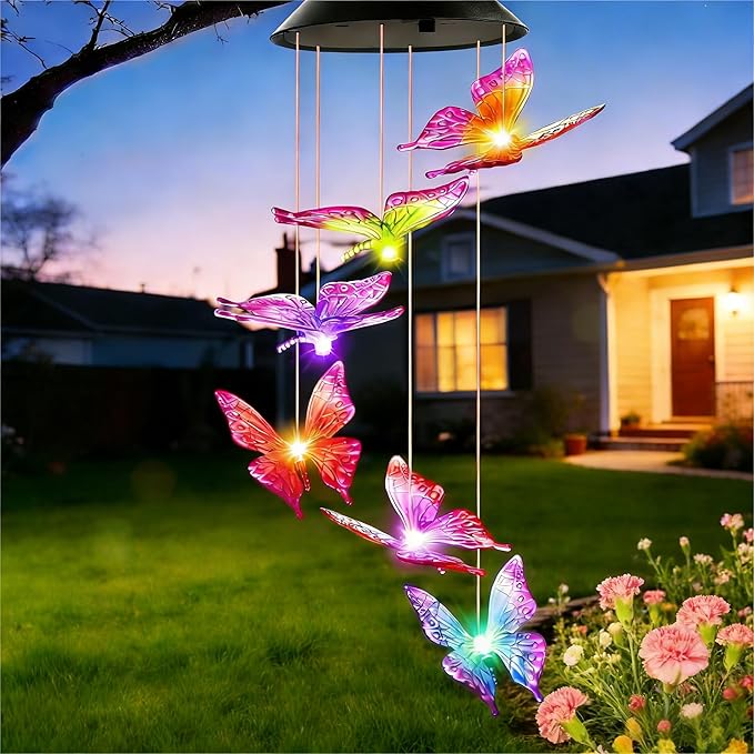 Mom Grandma Nana Gifts for Mothers Day, Birthday Gardening Gifts for Women Wife Sister, Winzwon Solar Lights Outdoor Wind Chimes for Outside Garden Yard Patio Porch Decor Butterfly Decorations