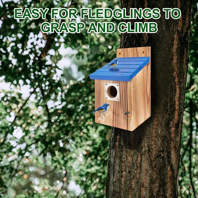 4-Piece Outdoor Bird House Set, Bird Houses for Outside with Metal Guards, Safety Locks, Flight Slots, & Ventilation, Bluebird Houses with 1-1/2" Entrance for Bluebirds, Wrens, Finches-Blue