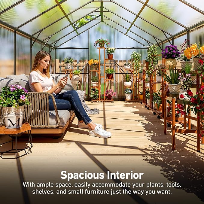 8x14FT Walk-in Greenhouse with Hygrometer,Polycarbonate Green House with UV Protection, Heavy Duty Greenhouse with Windproof Aluminum Frame, Roof Vent & Quick-Install Design