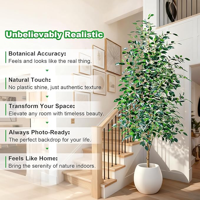 Bailikang 8FT Artificial Ficus Trees Indoor Faux Trees Indoor Fake Floor Plants Tall Artificial Tree with White Pot Faux Tree Fake Indoor Tree Silk Plants Artificial Trees for Home Decor Indoor