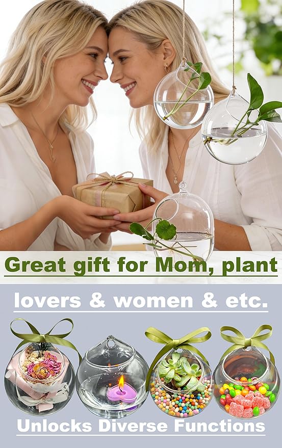 3 Pack Hanging Propagation Stations with Care Tool Kit (Squeeze Bottle & Tweezers Included), Glass Wall Planters for Indoor Plants, Hydroponic Terrarium Vases, Plant Lover Gifts for Women, Home Decor