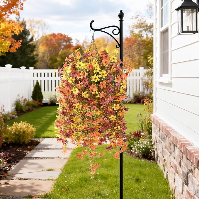 Artificial Fake Hanging Flowers Plants for Outdoor Fall Decoration,2PCS Faux Silk Daisy with Eucalyptus Leaves,UV Resistant Look Real for Outside Home Indoor Planter Porch Patio Yard Autumn Decor