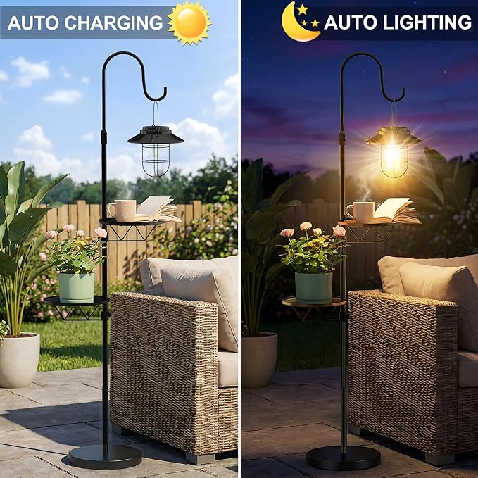 Candieslife 61" Solar Lights Outdoor with Plant Stands - Metal Shepherd Hook with Hanging Solar Lantern, Waterproof Solar Floor Lamp Garden Lights for Patio Deck Yard Porch Backyard & Indoor Decor