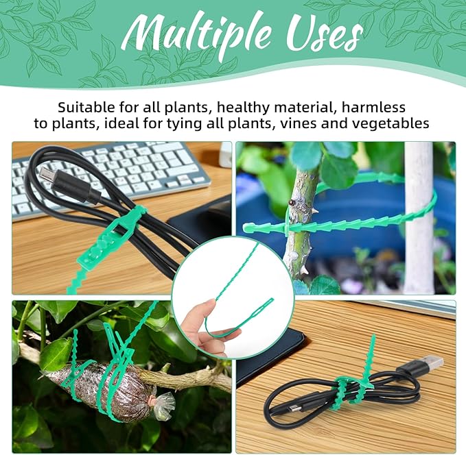 200PCS Adjustable Garden Plant Twist Ties, Multi-Function Sturdy and Flexible Green Plastic Ties, Support Ties Reusable for Gardening Plants Growth and Care