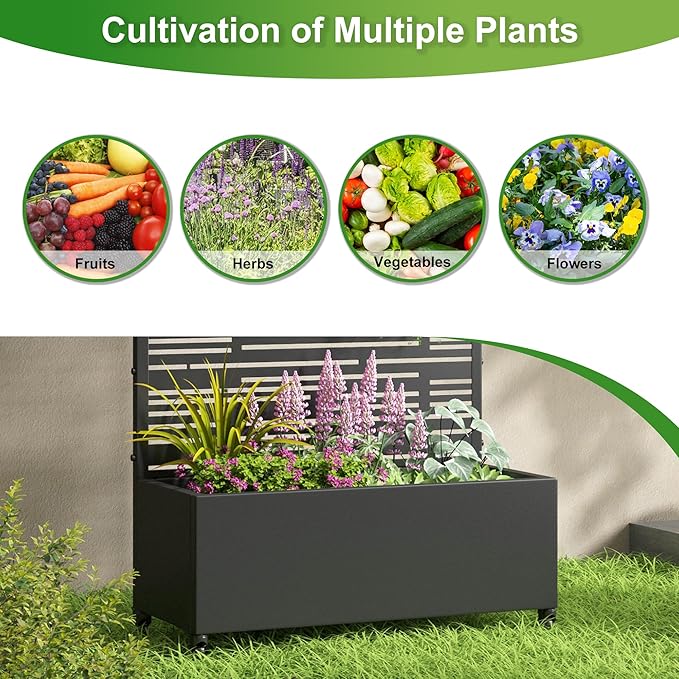 Casaphoria Metal Raised Garden Bed with Trellis and Wheels, 72"x47"x16" Planter Box for Climbing Plants, Vegetables & Vines, Features Drainage Holes and Privacy Screen, Black-Shine
