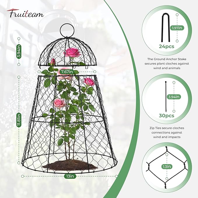 FRUITEAM 12Pcs Wire Plant Covers, 13×15.74in Large Plant Protectors from Animals, Chicken Wire Cloche Plant Cages for Outdoor Plants, Vegetables