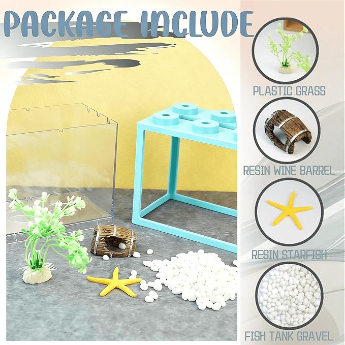 Small Betta Fish Tank, Stackable Mini Fish Tank Tiny Aquarium Kit with Aquarium Gravel & Resin Decorations, 0.6 Gallon Cube Desktop Fishbowl for Snails, Crabs, Starfish (Light Blue)