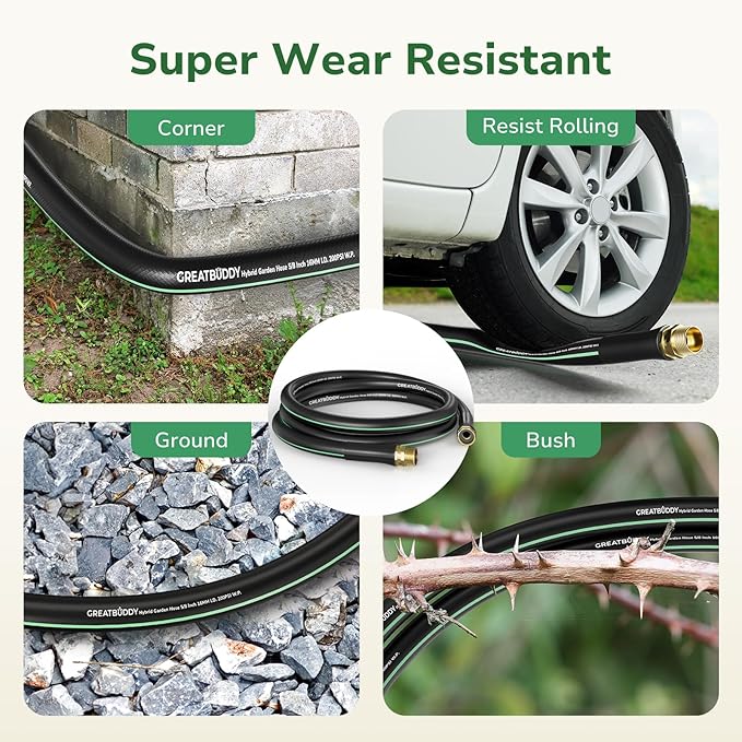 GreatBuddy Garden Hose 10ft, 5/8" Water Hose Heavy Duty, Flexible, Lightweight Hybrid Hose, Burst 600 PSI with Solid Brass Male to Female Fittings Leakproof Hose for Backyard, Garden