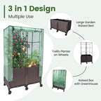 MAYOLIAH 3-in-1 Raised Garden Bed Large Planter Box with Trellis & Cover on Wheels Plastic Tomato Planter with Greenhouse for Deep Rooted & Climbing Plants 31.5x15.7x53-inch Brown