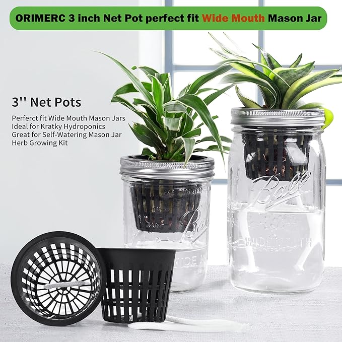 ORIMERC 25 Pack 3 inch Net Cup Pot with 25 feet Hydroponic Self Watering Wick & 25 Pcs Plant Label Aquaponics Mason Jar Insert Orchid Rimmed Netted Basket Slotted Mesh Garden kratky Growing Vegetable