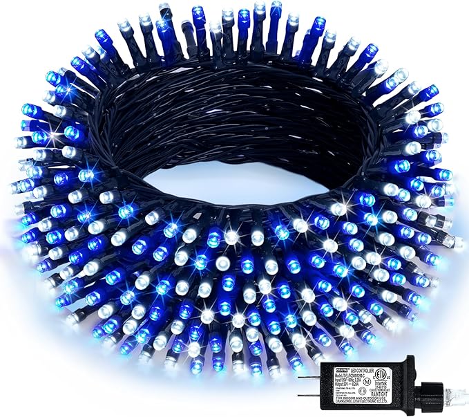 JMEXSUSS 66ft 200 LED Blue and White Outdoor Christmas String Lights, Expandable for Tree, Party, Home Decorations