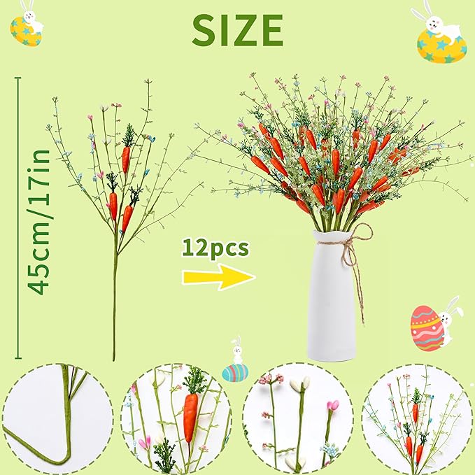 Easter Decorations 12 PCS Artificial Easter Stems with Carrots and Colorful Berries Easter Picks Berry Stems for Living Room Centerpieces Home Vase Decor and Easter Celebrations