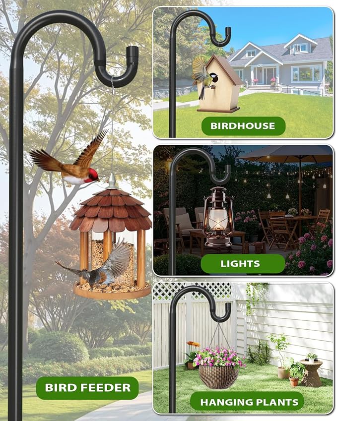 1Pack 62 Inch Adjustable Shepherds Hooks for Outdoor, Heavy Duty Shepherds Hook for Bird Feeder with 7 Prongs Base, Metal Plant Hanger Pole for Hanging Baskets, Lanterns, Hummingbird Feeders