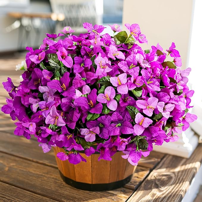 Ivydale Spring Artificial Flowers for Outdoors, 4 Bundles Fake Bougainvillea UV Resistant Faux Silk Flowers Realistic Outdoor Plants for Planter Patio Porch Window Garden Home Decor, Mixed Fuchsia