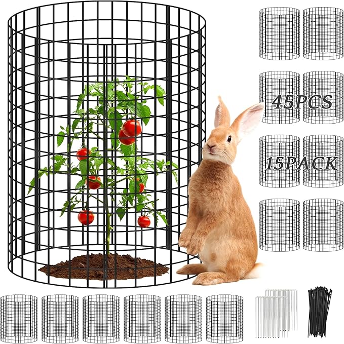 15 Packs Plant Protectors from Animals, 45Pcs 12"x 16" Large Metal Wire Mesh Garden Plant Cages for Outdoor Gardening, Chicken Wire Cloche Plant Cages for Rabbits with Zip Ties & Stakes(Black)