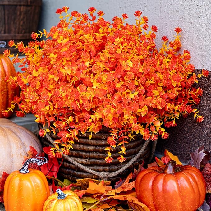 Artificial Fall Flowers Outdoor Fake Mums - 12 Bundles Fake Plants UV Resistant No Fade Faux Plastic Greenery Garden Porch Patio Fall Home Decor (OrangeYellow)