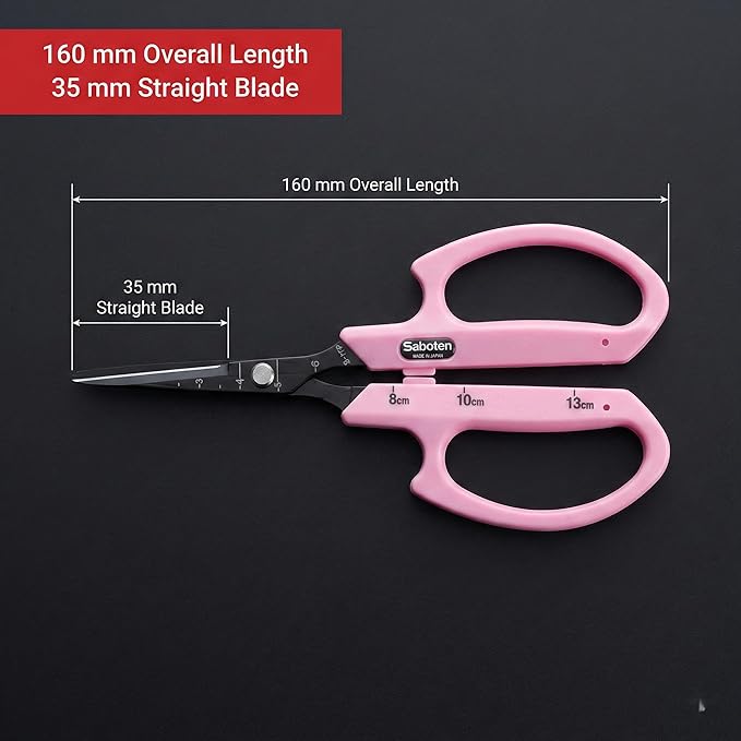 Saboten Fluorine Coated Straight Blade Trimming Scissors Pink PT-1 160mm Precision Gardening Bonsai and Floral Shears Made in Japan