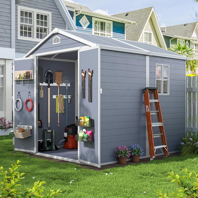 Aoxun 6x8 FT Outdoor Storage Shed, Garden Resin Shed with Floor and Window for Patio, Lawn, Plastic Outdoor Storage with Lockable Door for Bike, Tools, Garbage Can, Grey