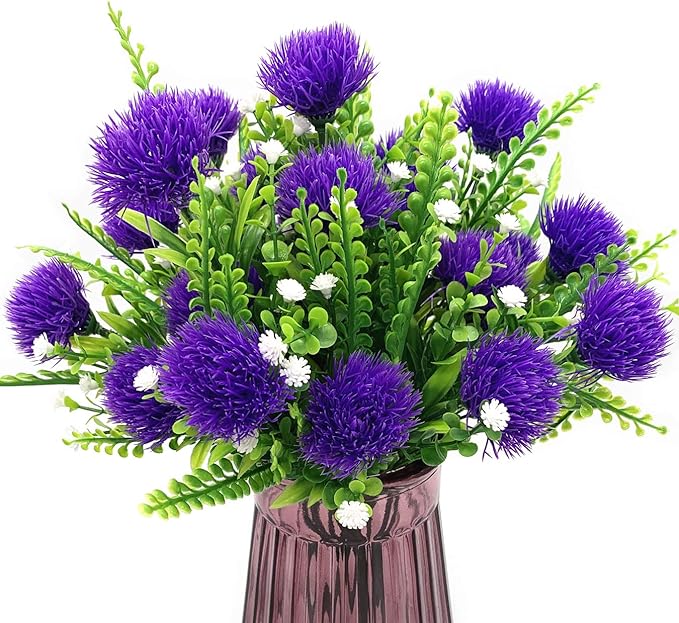 CATTREE Artificial Dandelion Plants, Plastic Flowers Shrubs Bushes Fake Grass Wedding Indoor Outdoor Home Garden Verandah Centerpieces Arrangements Party Decoration Planting Filler - Purple 4 Pack