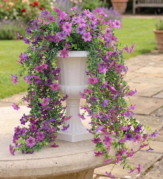 Artificial Hanging Flowers for Outdoors, 4 Pack Fake Hanging Plant for Spring Summer Decor, UV Resistant Faux Silk Flower for Planter Front Door Porch Patio Yard Garden (Double Purple)